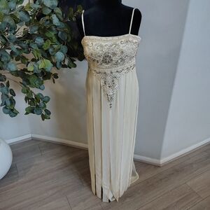 SUE WONG Embellished Cream Spaghetti-Strap Evening Dress Size 14